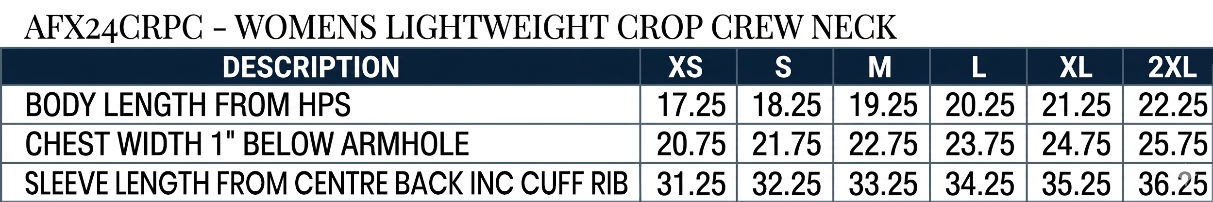 Size chart for Tour of America Women's Crop Crew White