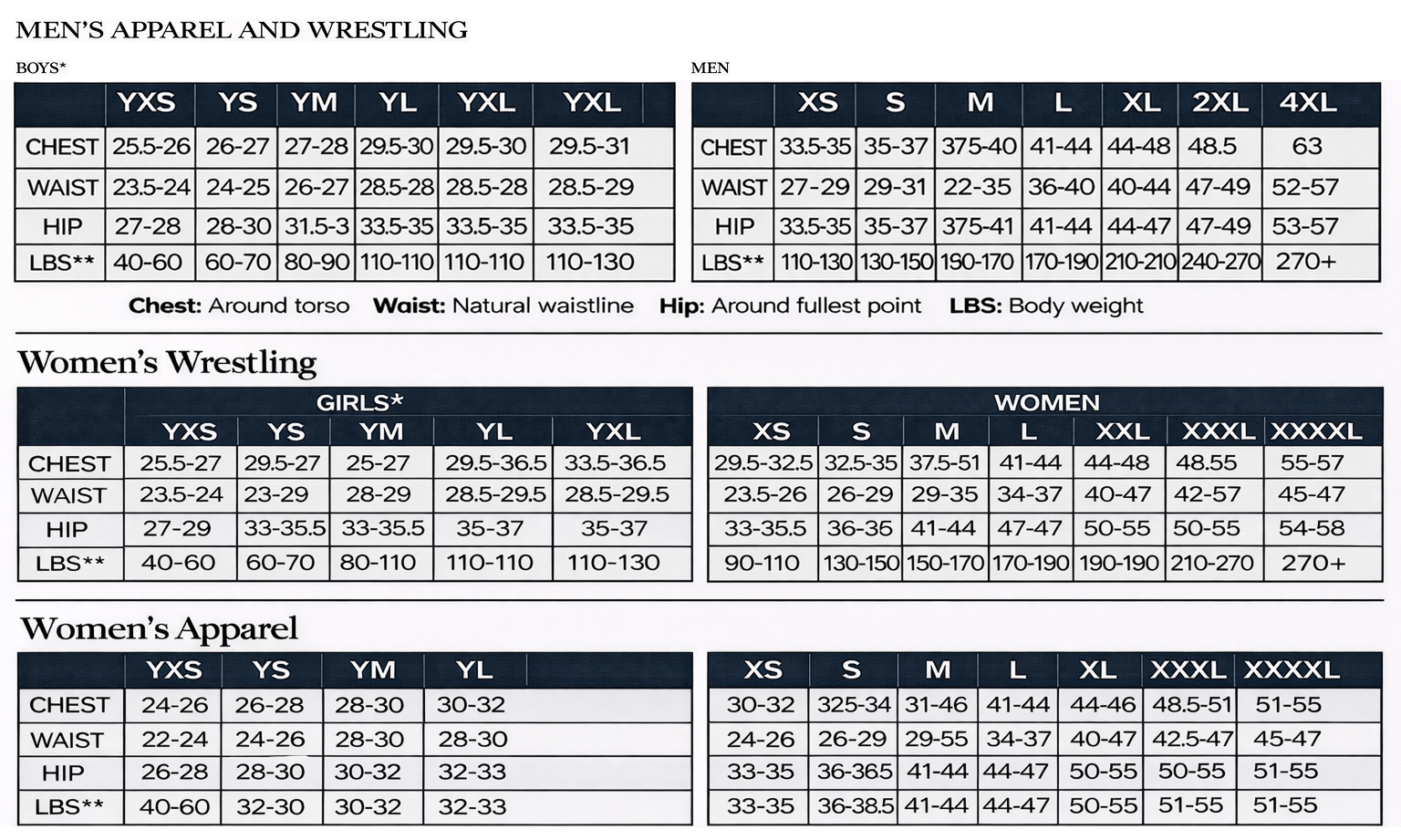 Size chart for Blue Ice Quarter-zip
