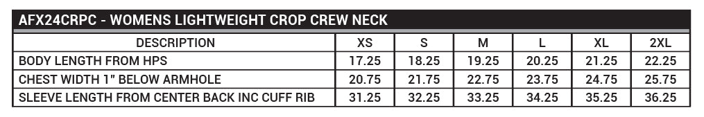 Size chart for Womens Lightweight Crop Crew Front Logo Gray